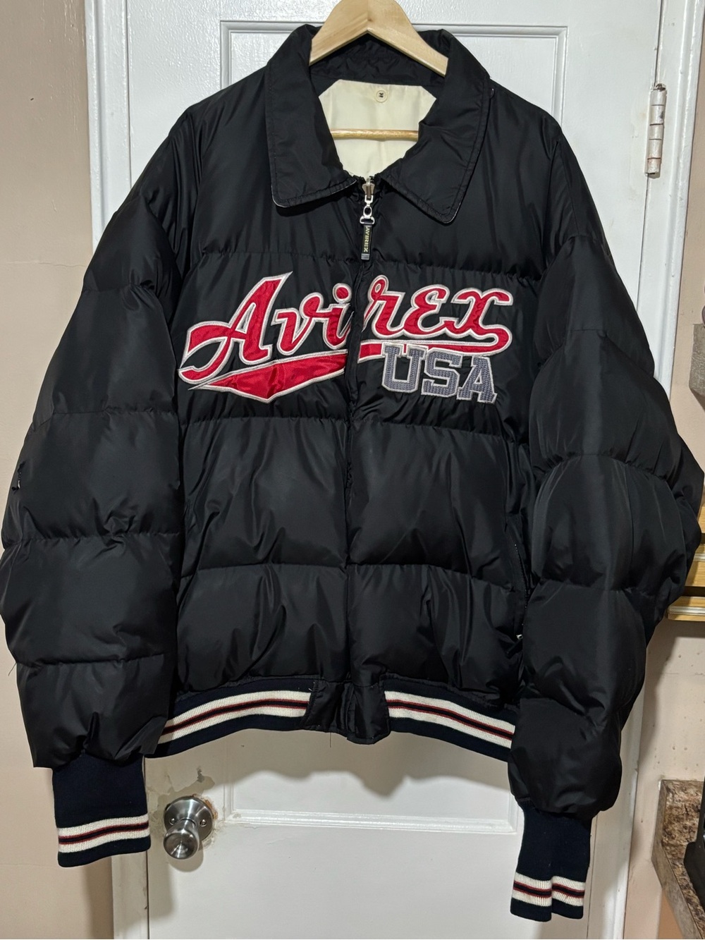 Avirex Black Puffer Jacket with Red & White Embroidered Logo Reversible Jacket:
